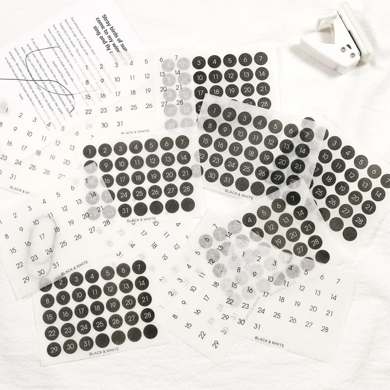 Black and White Round Number Monthly Calendar Stickers