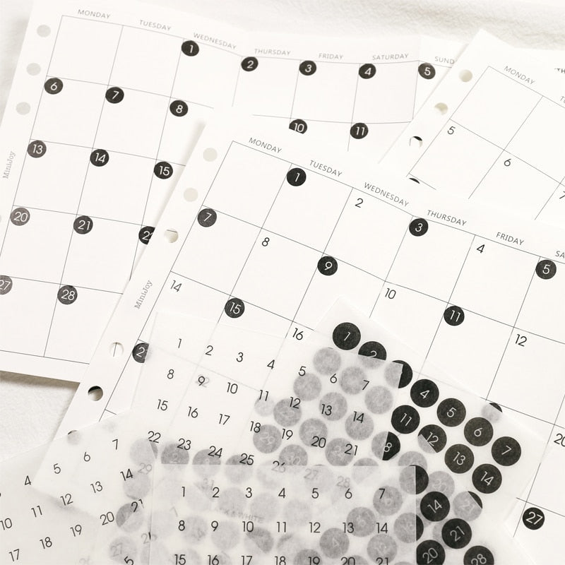 Black and White Round Number Monthly Calendar Stickers