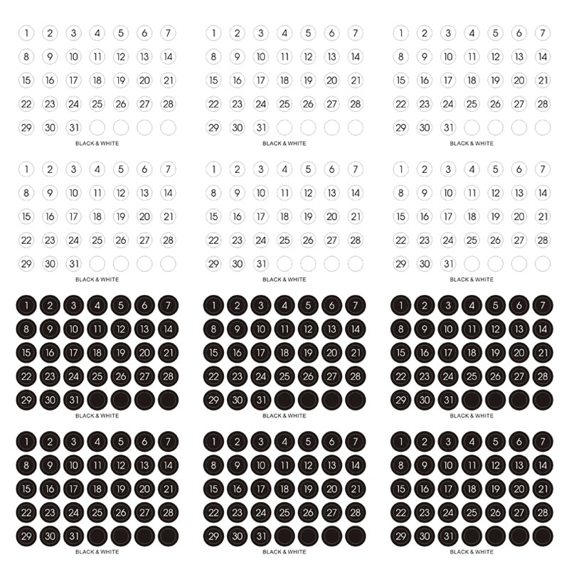 Black and White Round Number Monthly Calendar Stickers