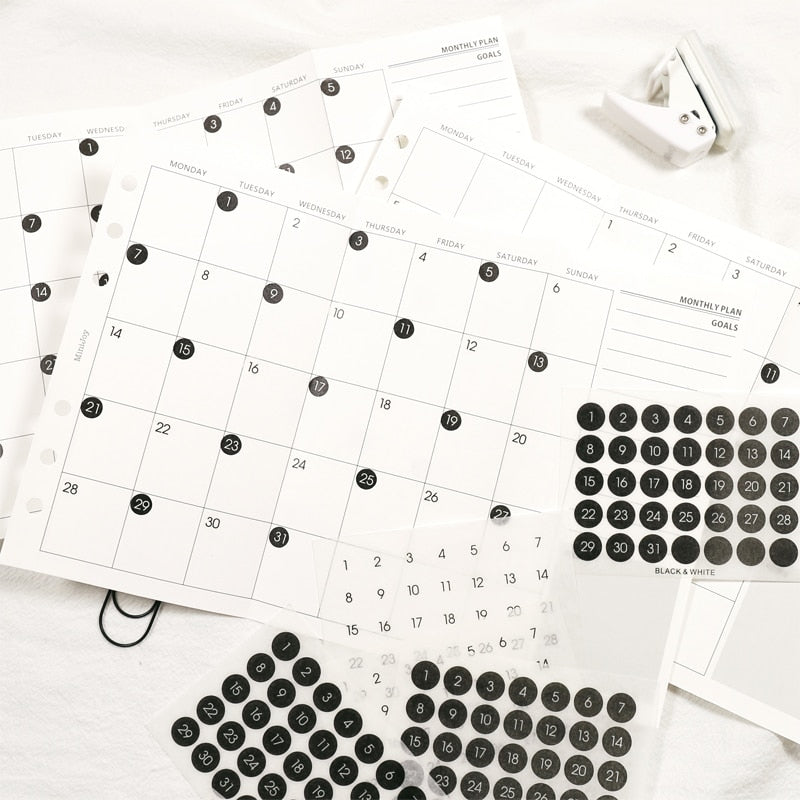 Black and White Round Number Monthly Calendar Stickers