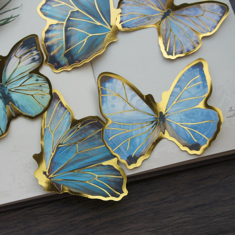 10 Pcs Big Size Gold Light Blue Butterfly Stickers